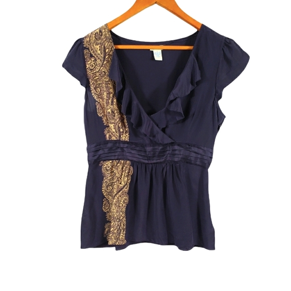 Anthropologie Tops - Odille Anthropologie 100% Silk Navy/Purple Ruffle V-neck Top Size 8